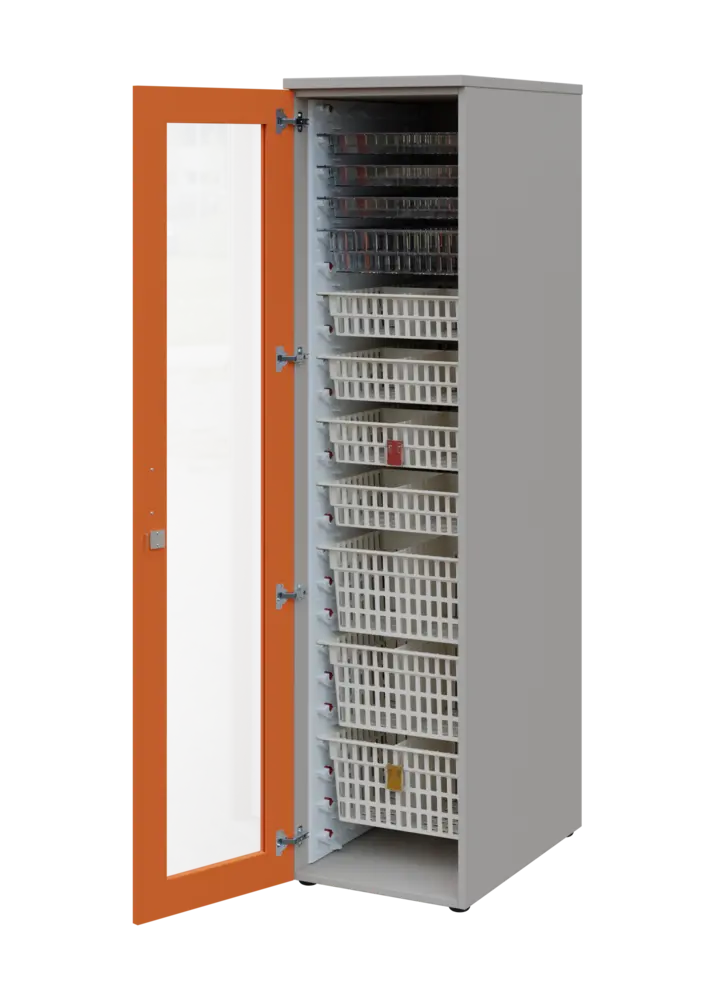 EUROMEDICA S - 46 skříň léková boxová, 1-dveřová/prosklená, levá, 1950x460x735, korpus šedý, dvířka mandarinka